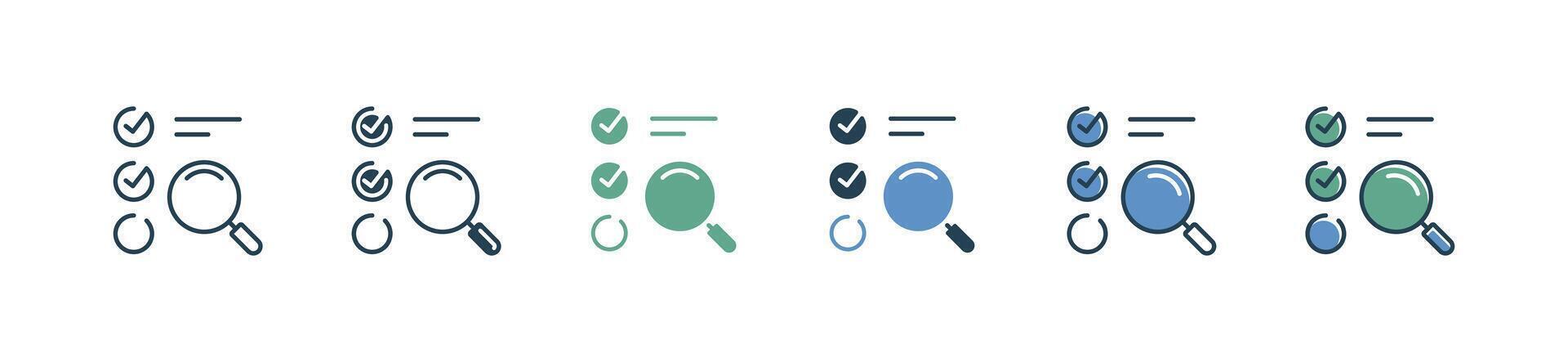 magnifier search with checklist icon set business study exam task selection list evaluation illustration zoom glass find answer solution symbol design vector