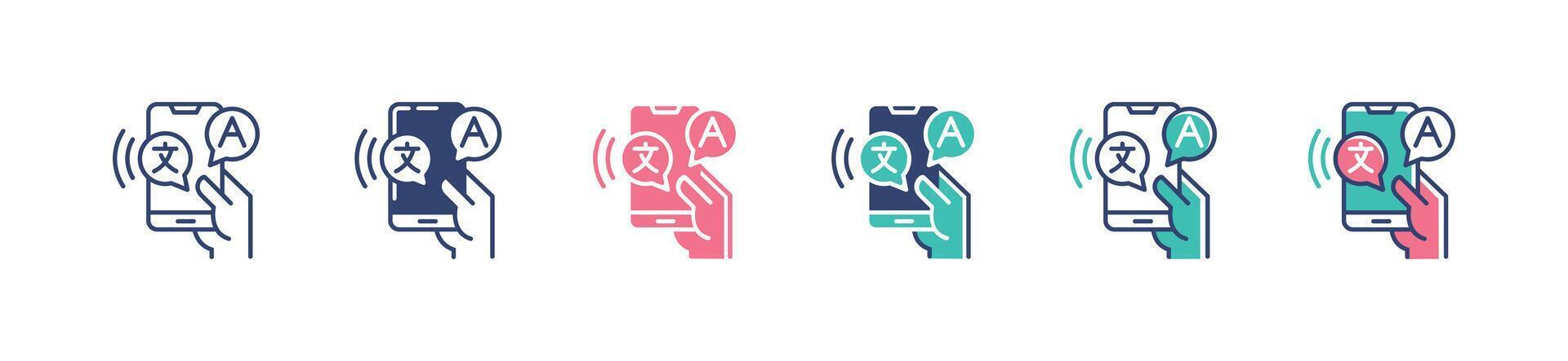 online mobile language translate icon set hand holding mobile phone translation tools with bubble chat illustration international communication dictionary symbol design for web and app vector