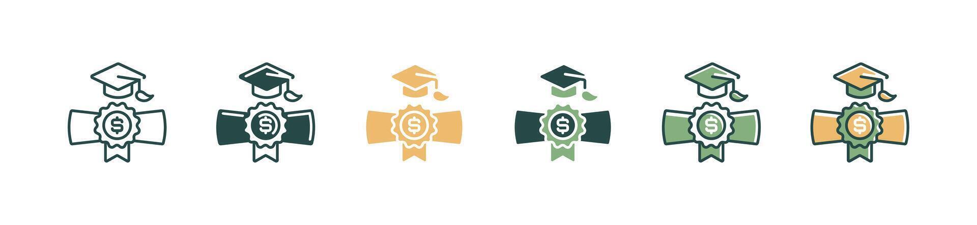 diploma scroll with graduation hat icon set university cost education scholarship graduate certificate badge signs illustration vector