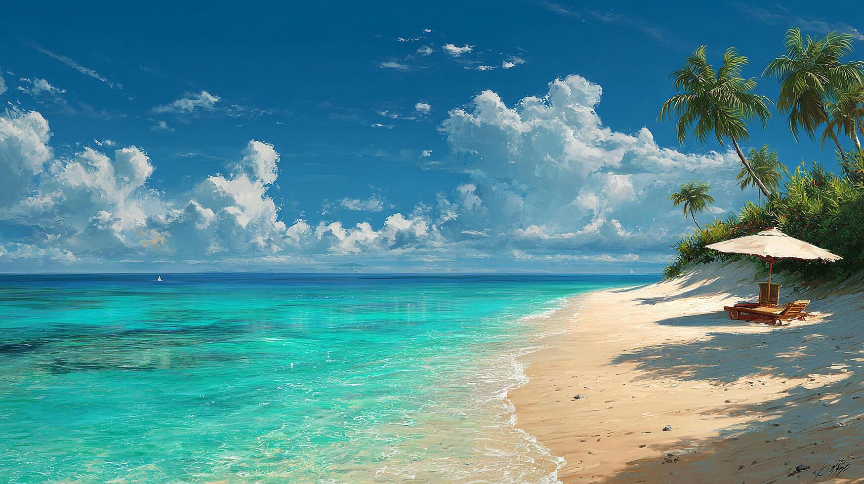 Calm tropical coastline with white clouds photo