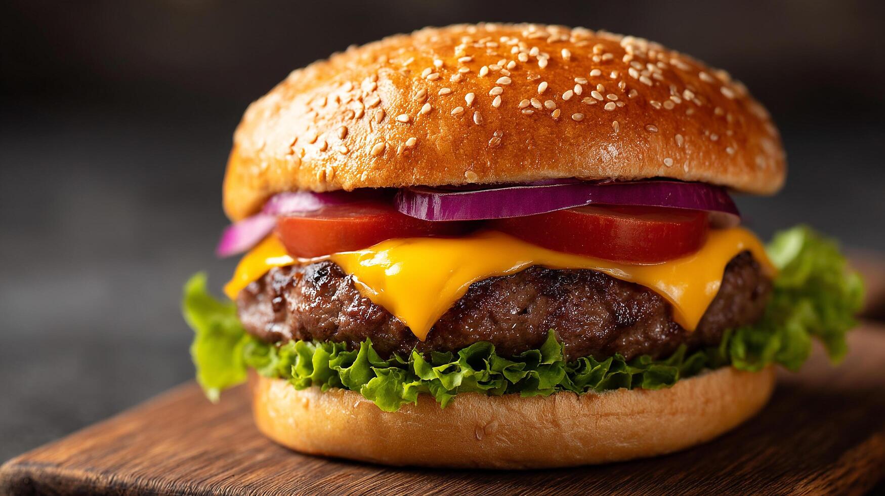 Photorealistic image of cheeseburger with sharp-focus and fresh vegetables photo