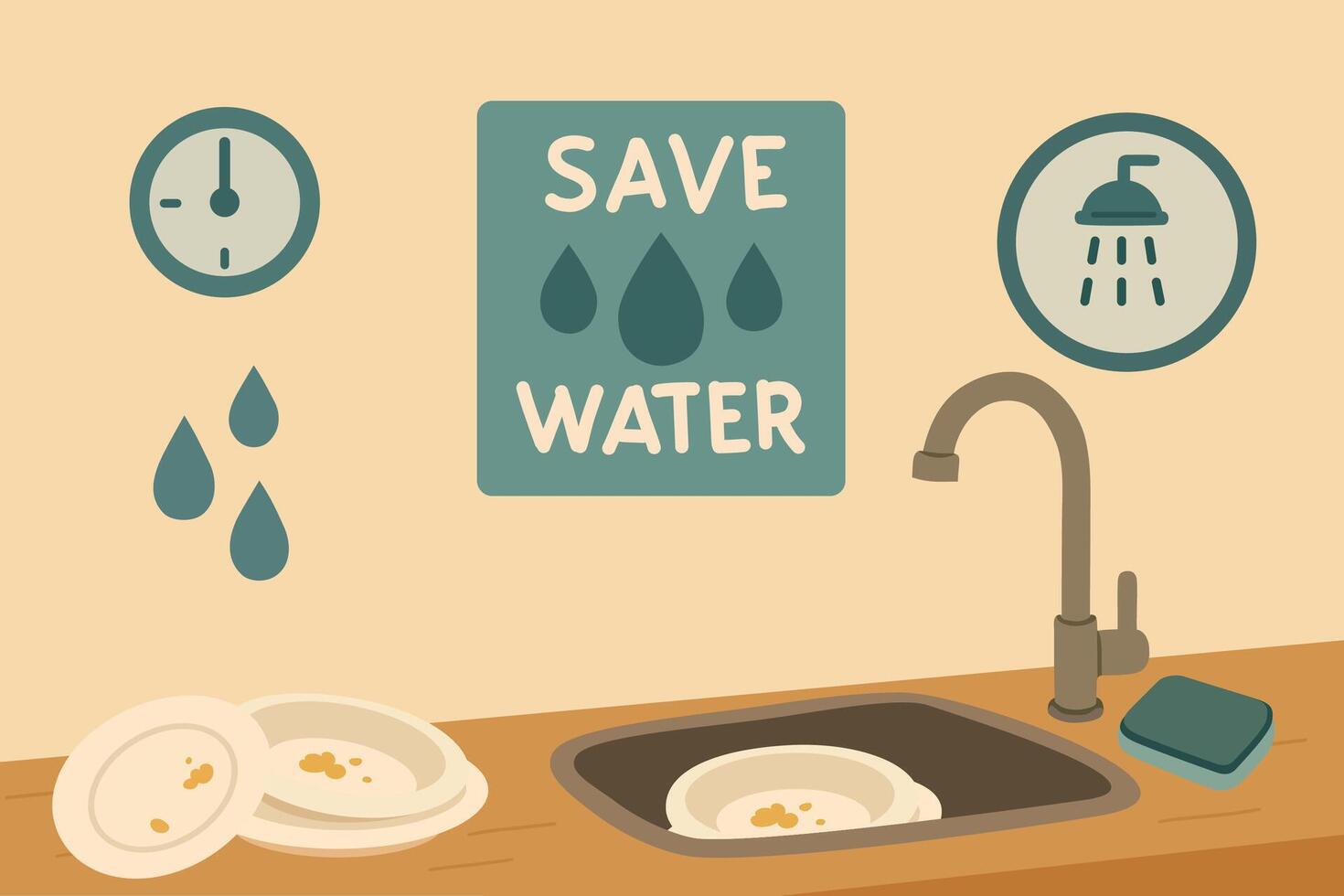 Illustration of water-saving tips in kitchen vector