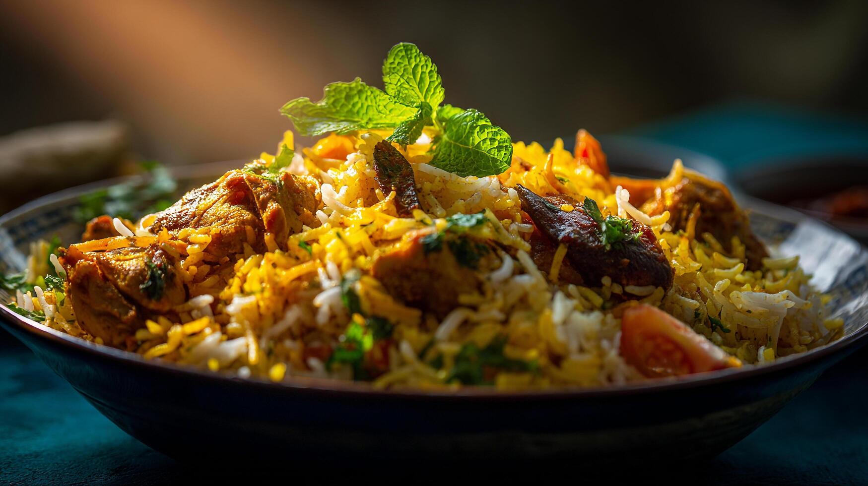 Authentic biryani plate with rice and spicy chicken pieces wallpaper photo