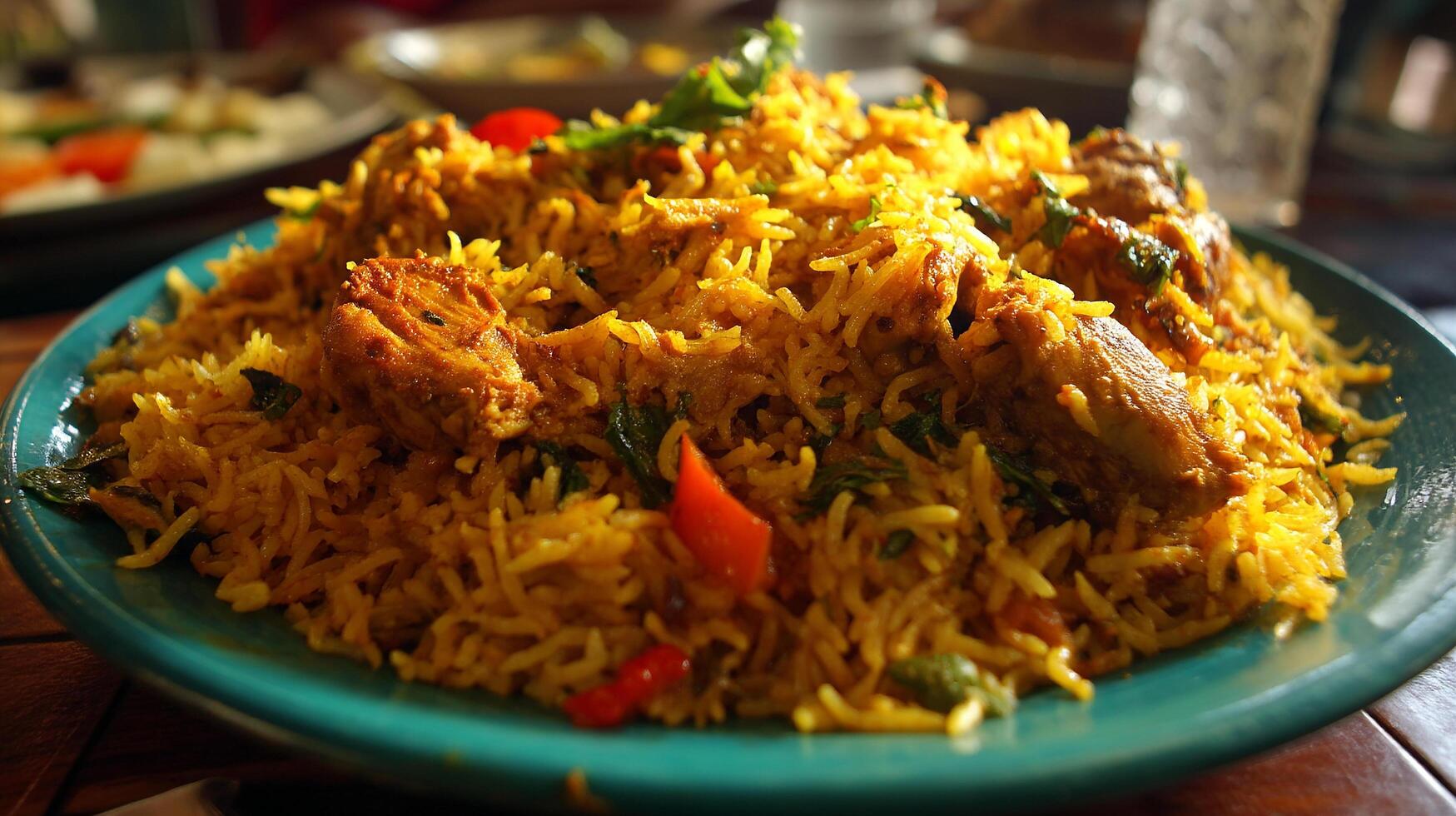 Biryani rice with tender chicken in beautiful natural lighting wallpaper photo