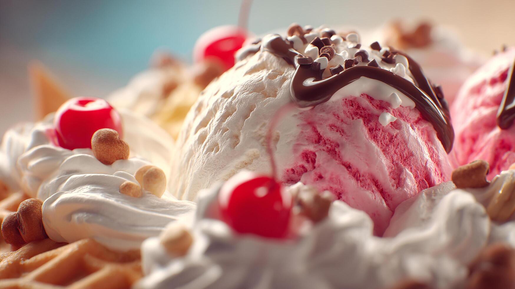Smooth frozen scoops with topping detail in photography photo