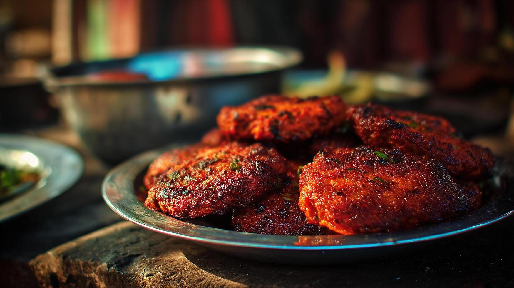 Delicious kabab with charred edges on rustic plate photo