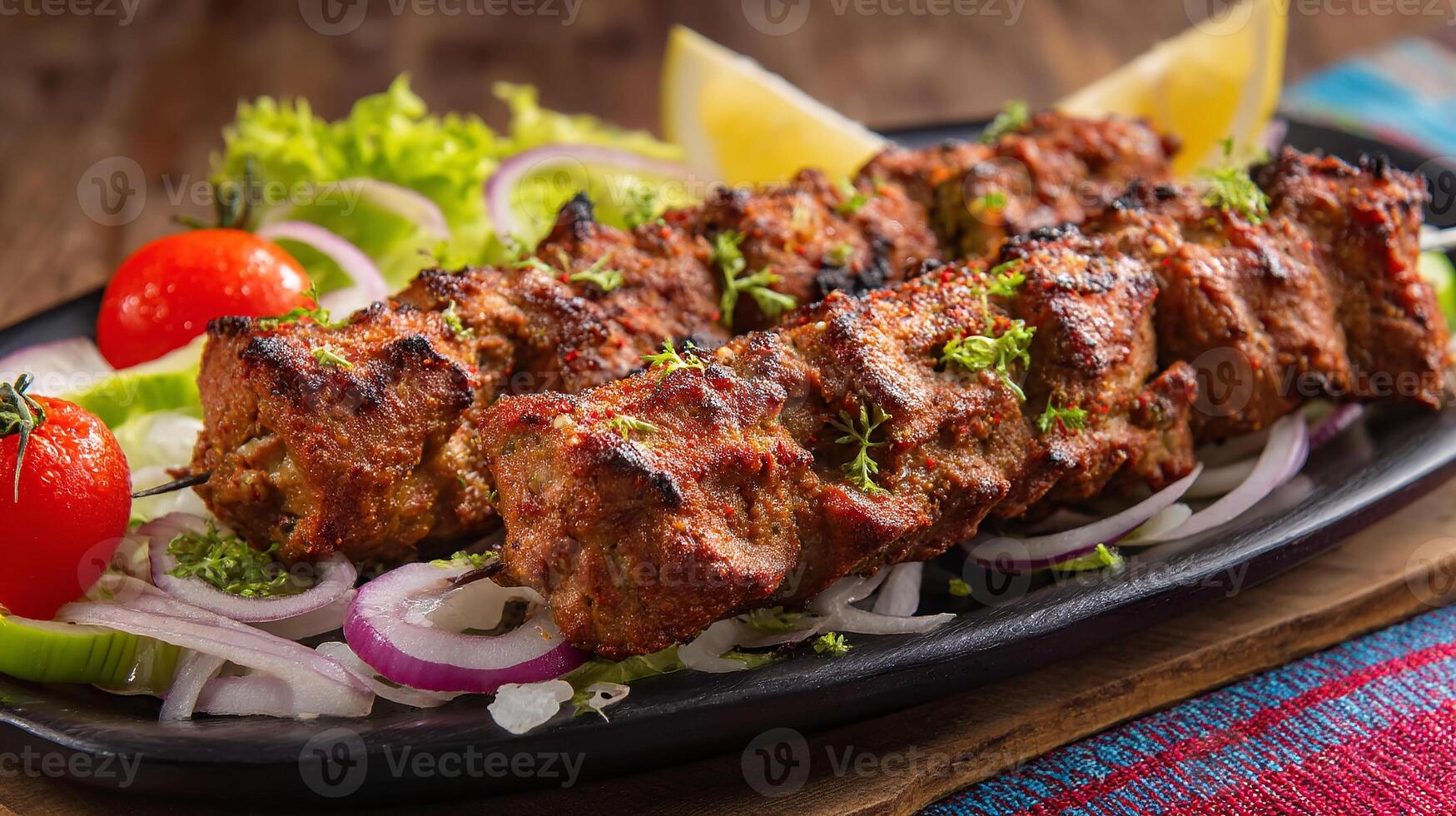 Close up of delicious grilled kabab with bright garnish photo