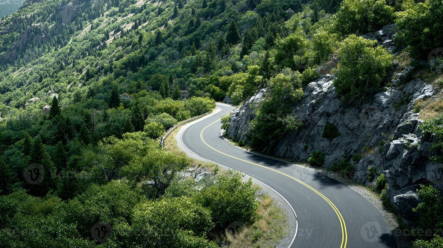 Road winding gently photo across realistic terrain and trees
