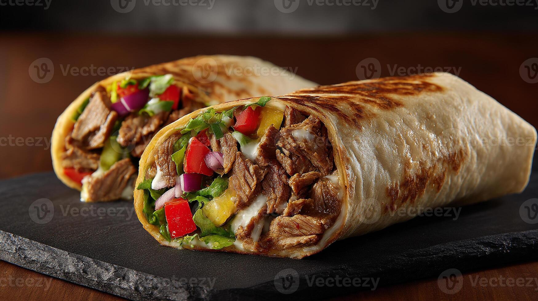 Image of rolled pita wrap with meat photography photo