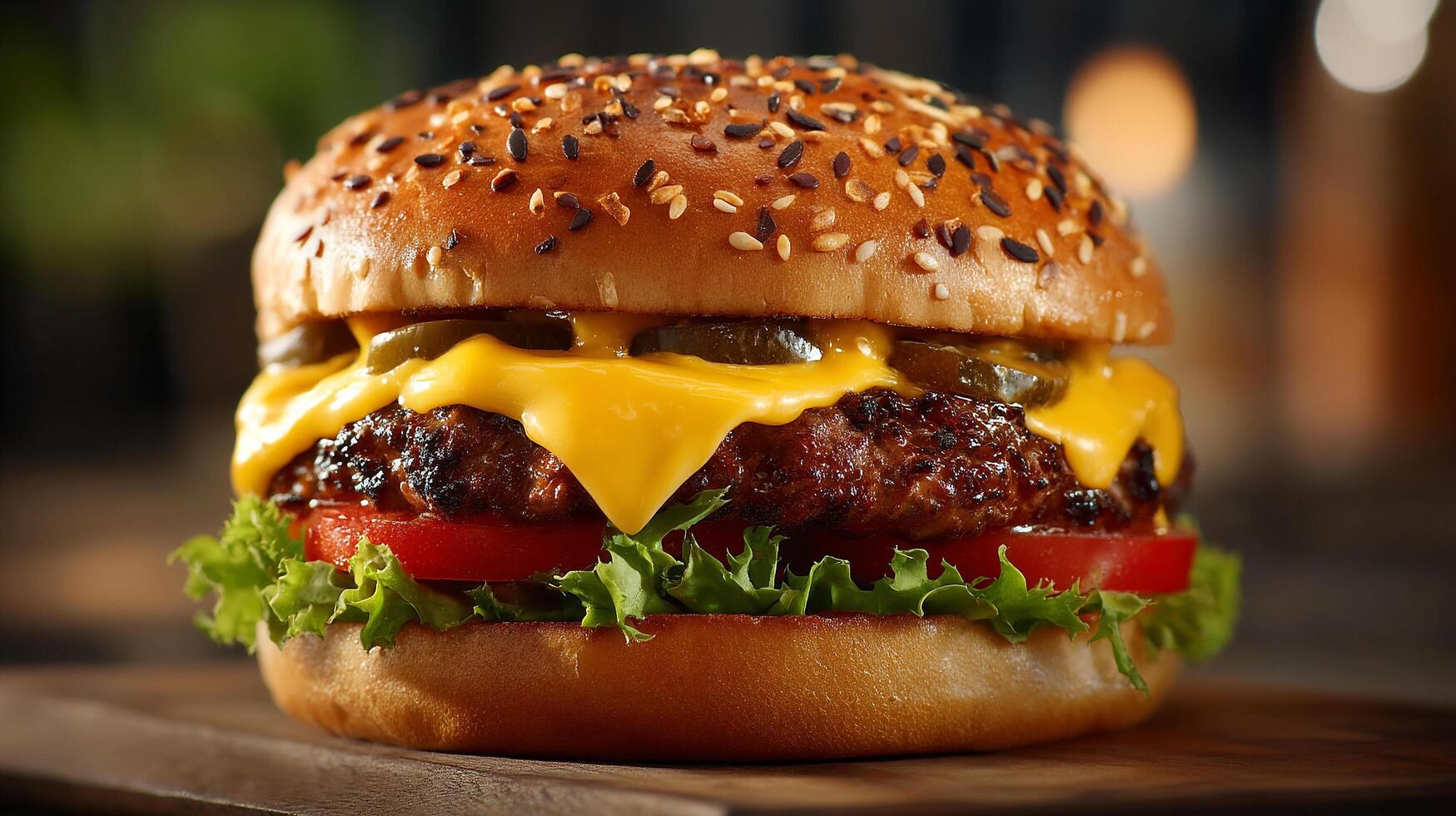 Sharp focus photo of cheeseburger with juicy beef patty-closeup