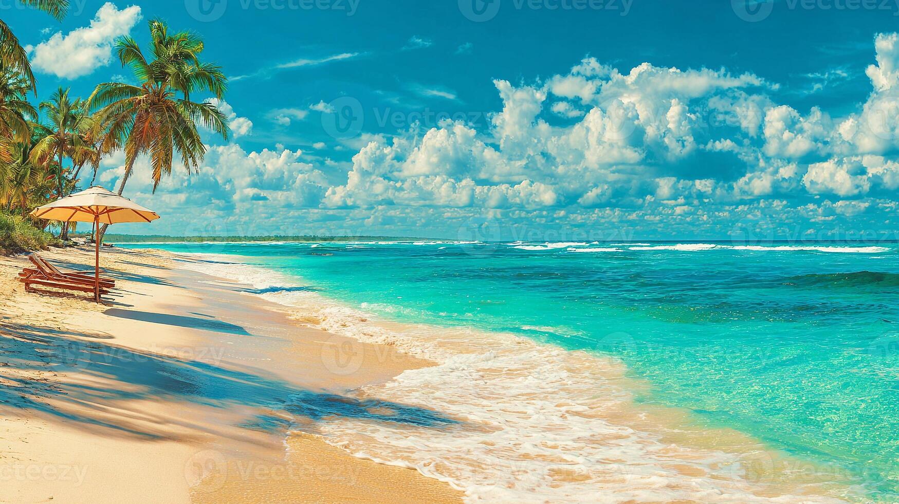 Peaceful tropical beach scene in sunlight photo