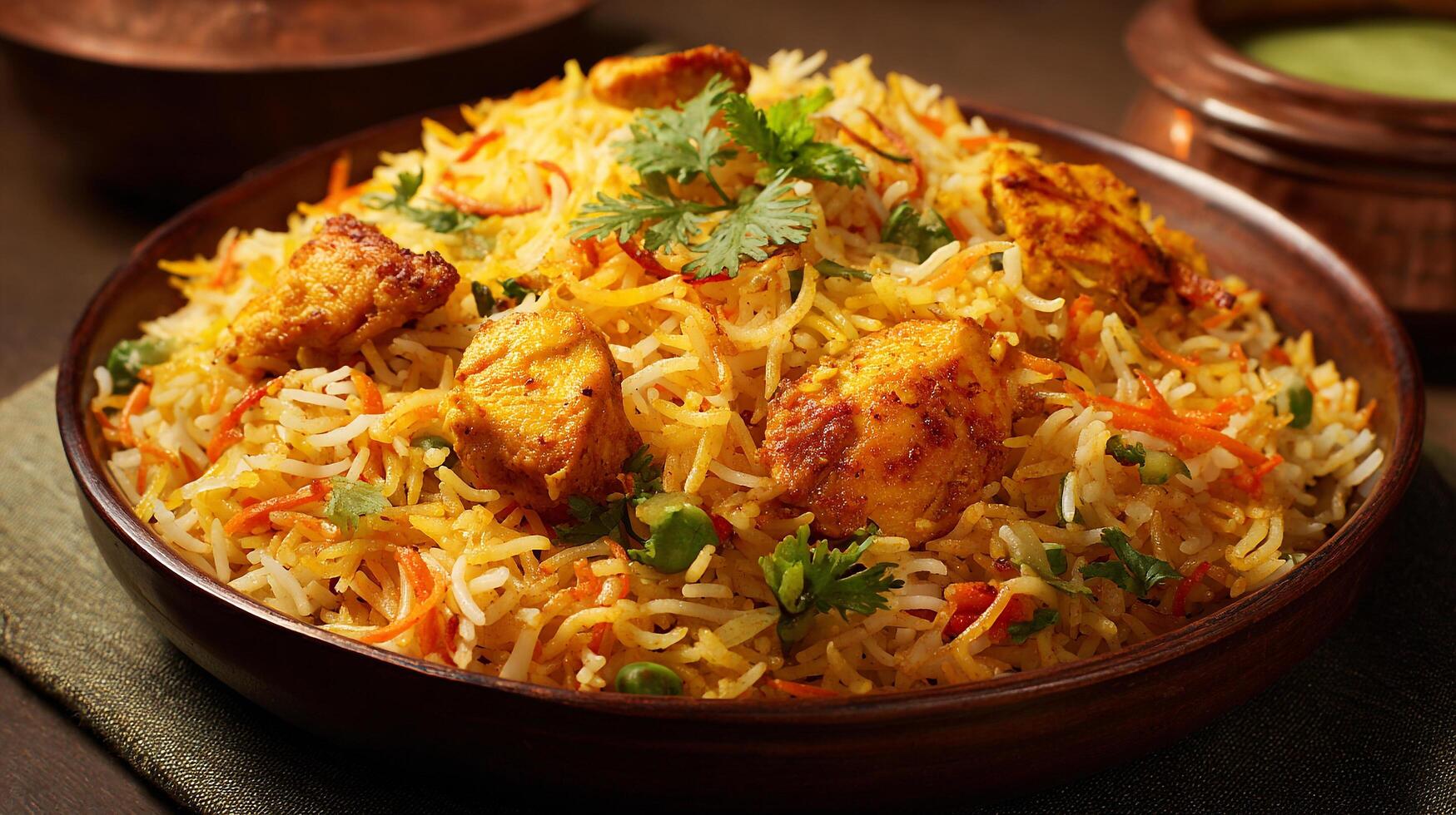 Mouthwatering chicken pulao with detailed rice textures photo