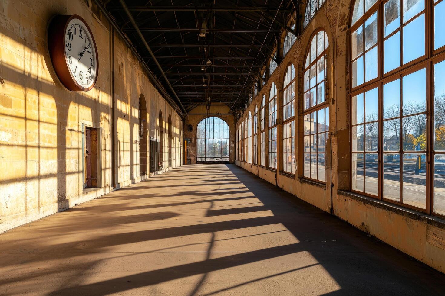 Empty train station hall with big clock. Arches create bright space for travel photo