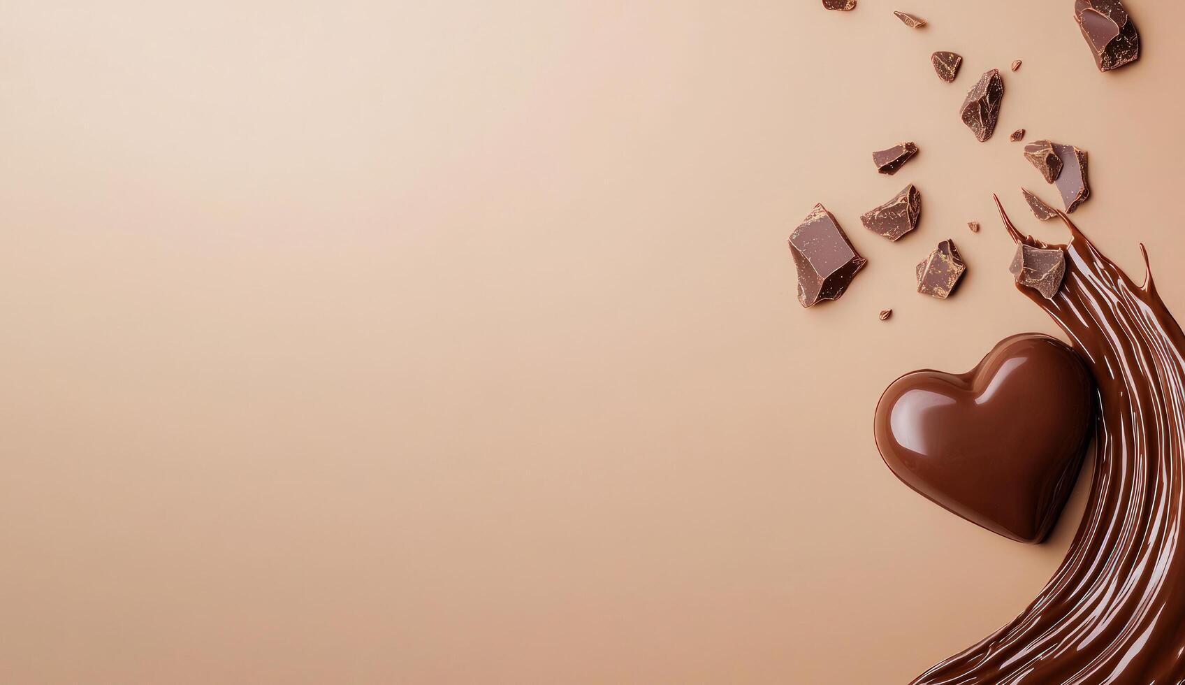 Chocolate heart flows down with chunks above on beige surface, dessert concept photo