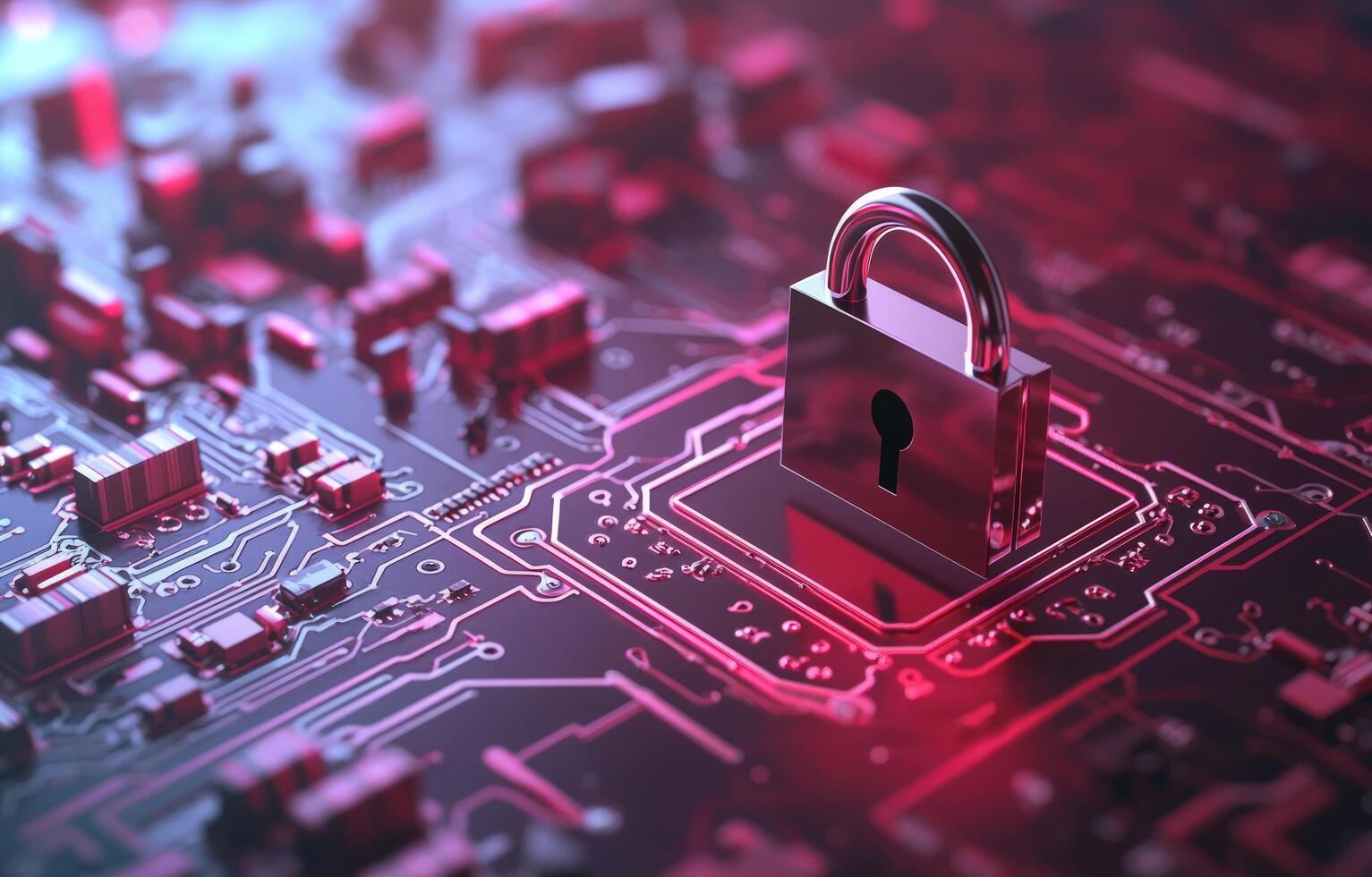 Padlock secured on digital circuit board signifies cybersecurity and data protection photo