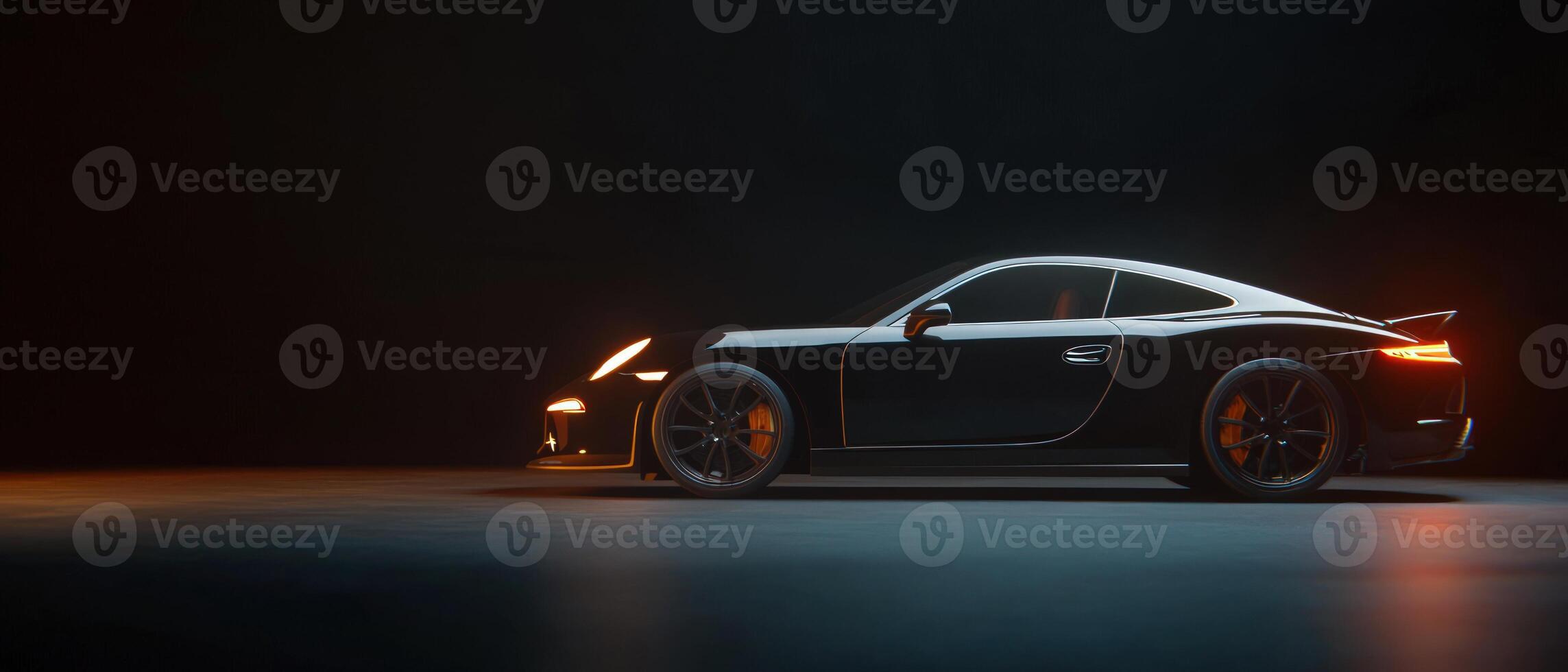 Dark luxury car parked in dimly lit studio for automotive advertising photo