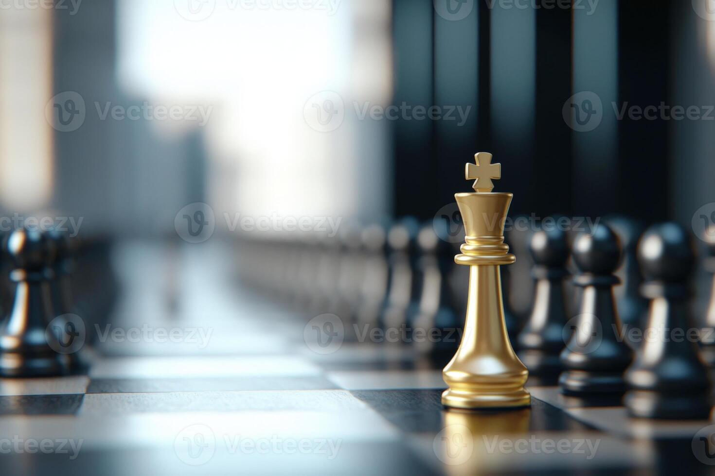 Chess pieces strategically positioned on board, a king in the foreground, for a concept photo