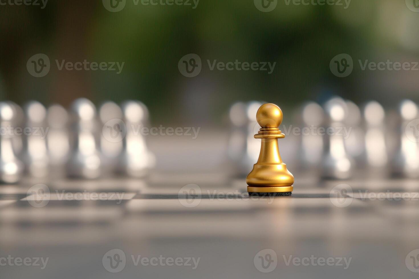 Golden chess pawn standing out from group on chessboard in soft focus background photo