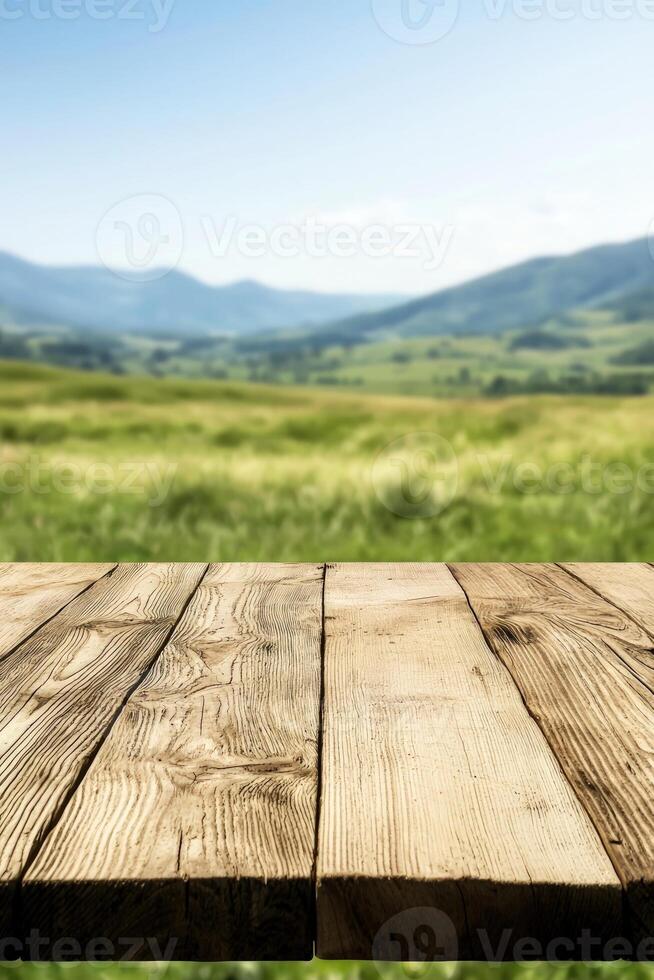 Wooden table offers view of verdant hills and blue sky, marketing, restaurant photo