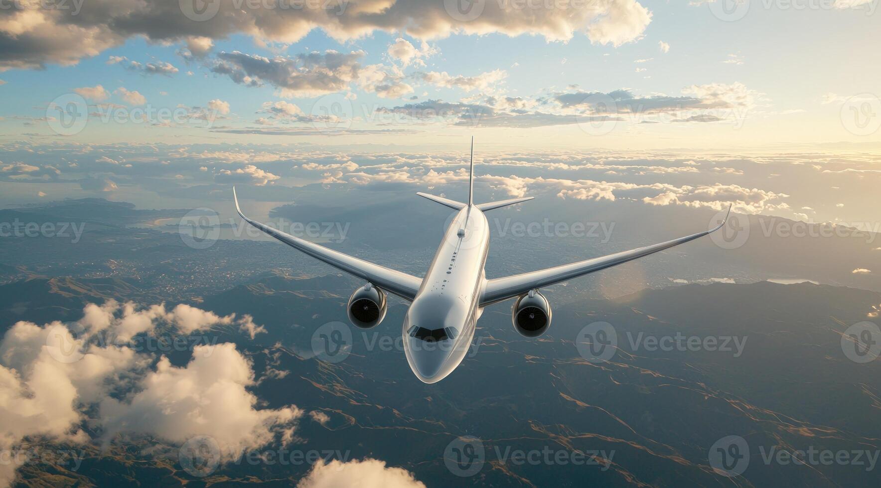 Airplane flies above clouds near sunset for travel ads and business websites photo