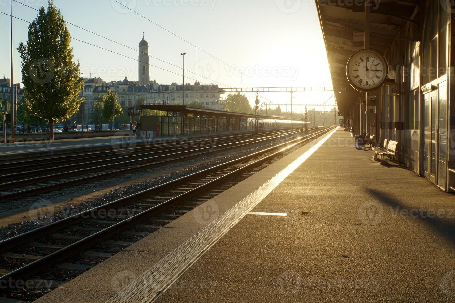 Sunny train station platform at dawn with passengers and cityscape background photo
