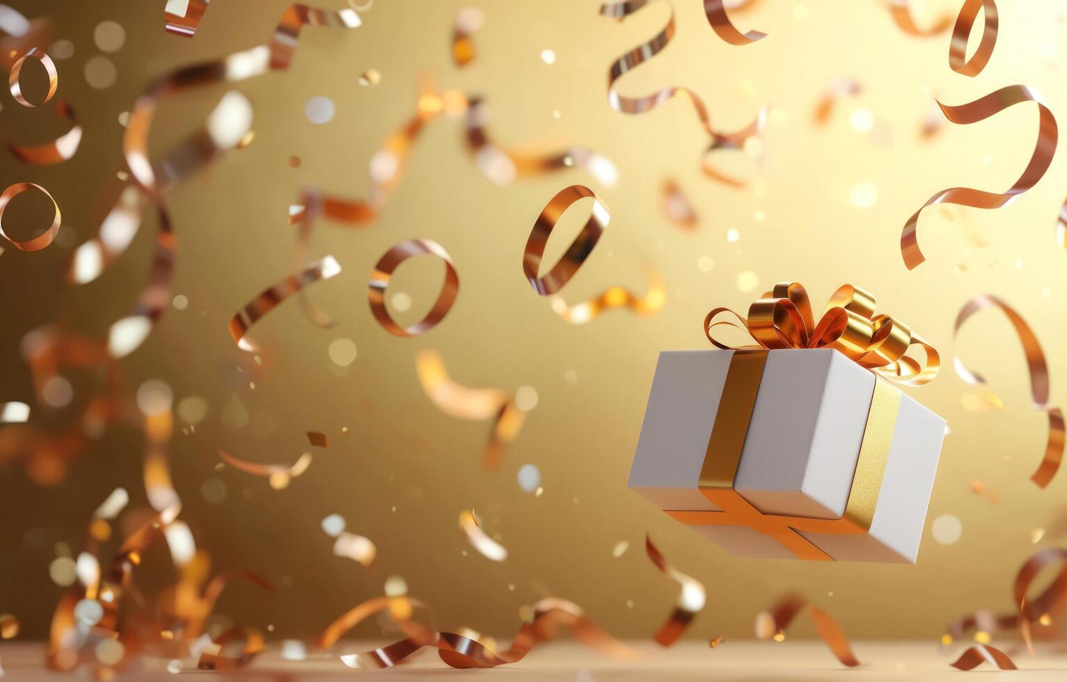 Gift box suspended in air with streamers for celebration on gold background photo
