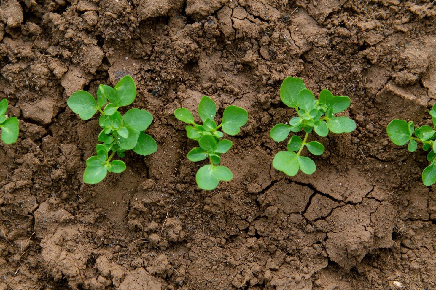 Young plants grow on cracked soil field, symbolizing growth in challenging times photo