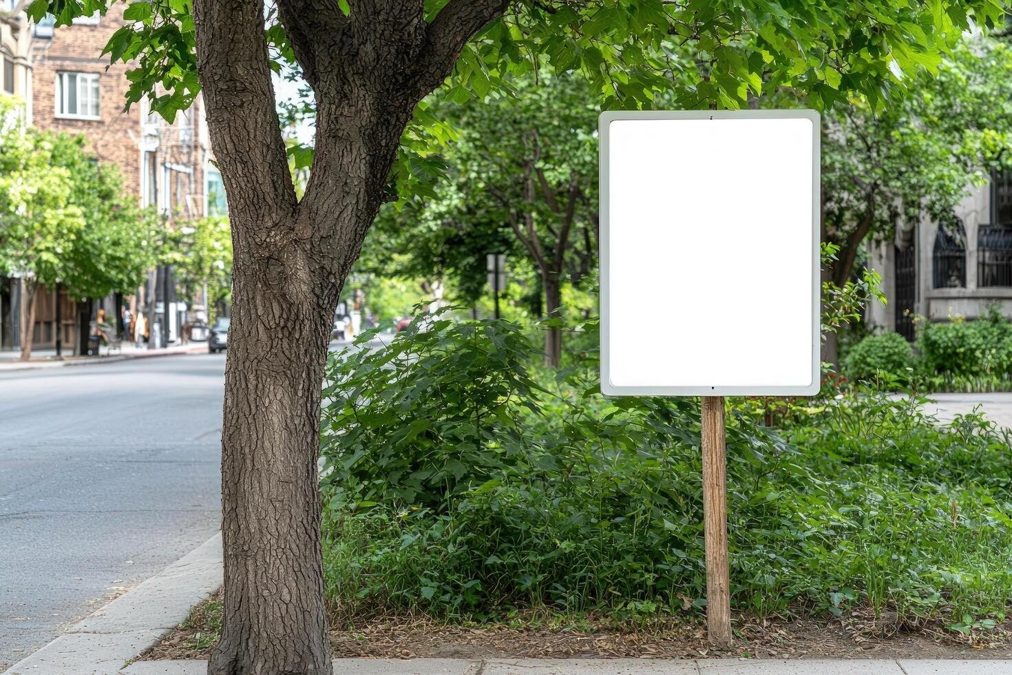 Blank advertising board stands on pavement in city street. Mockup. Promo photo