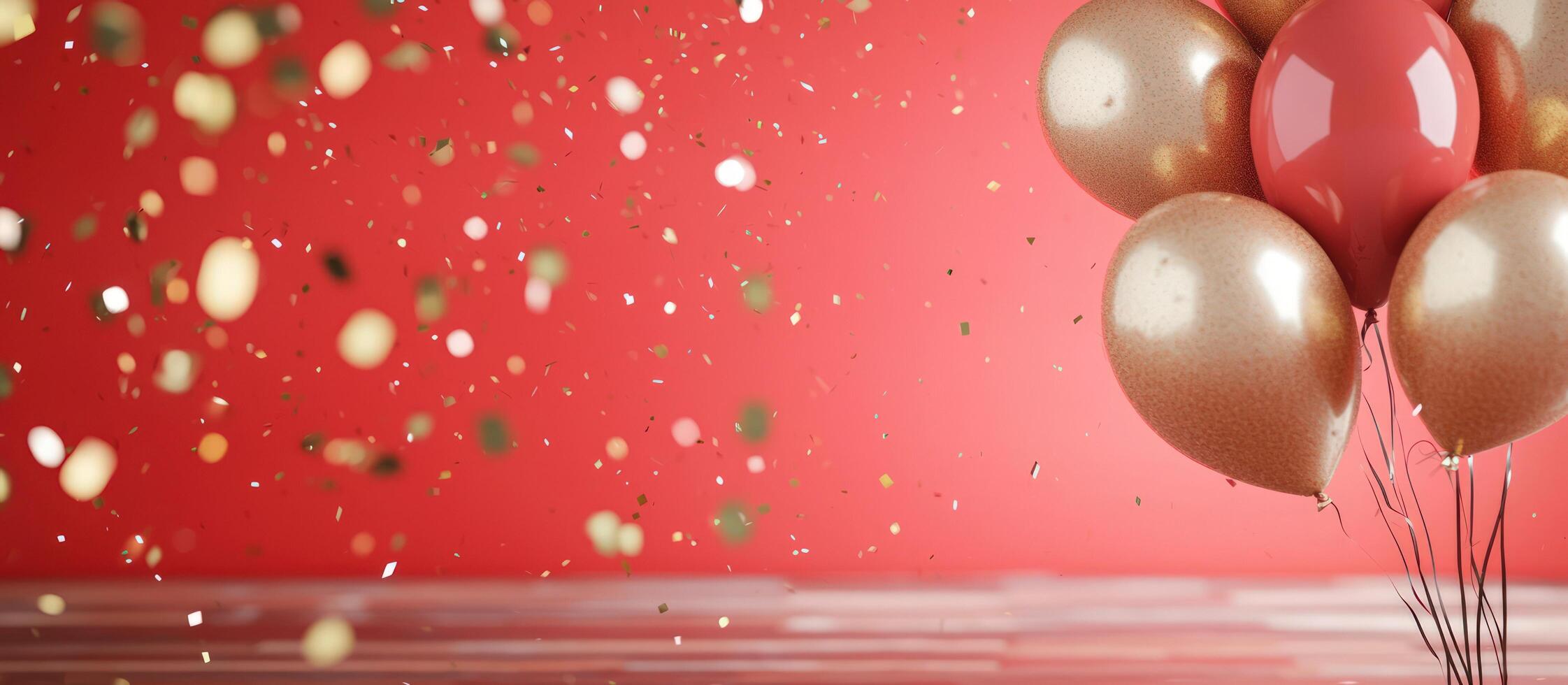 Festive balloons and confetti float against a backdrop for holiday celebration photo