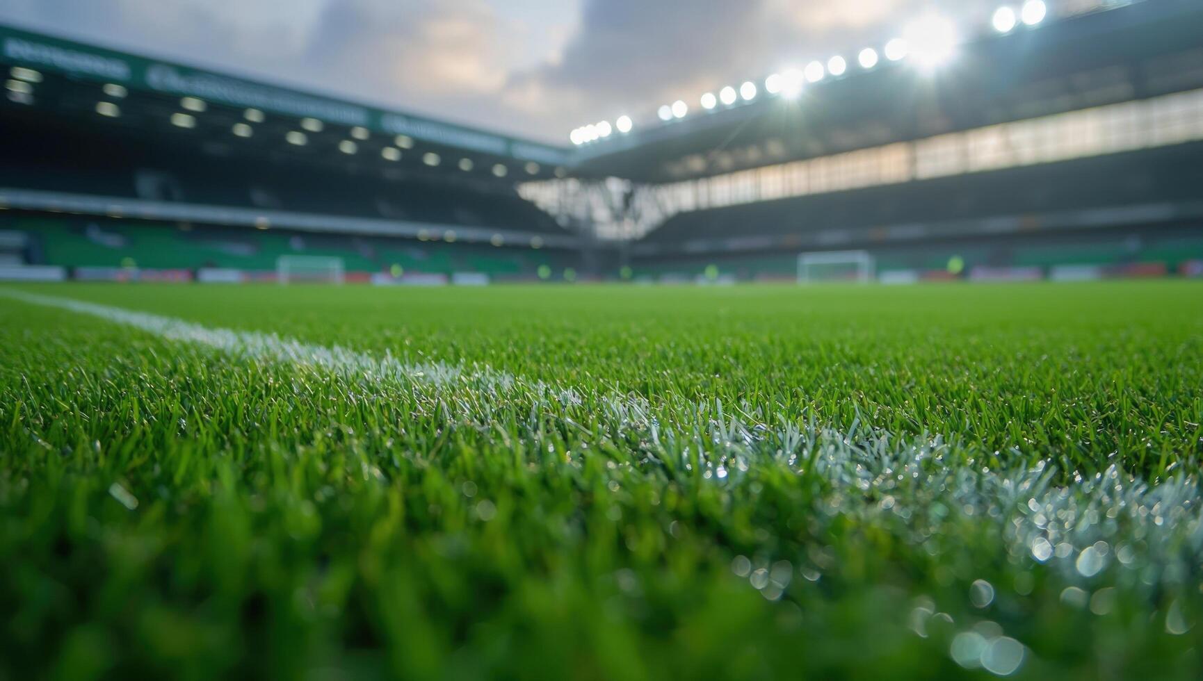 Empty soccer stadium view with cut grass and white lines. Use for presentations photo