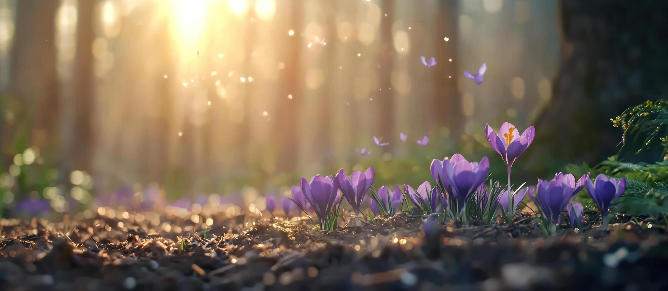 Crocuses bloom in a sunlit forest, pollen floating. Spring season scenery photo