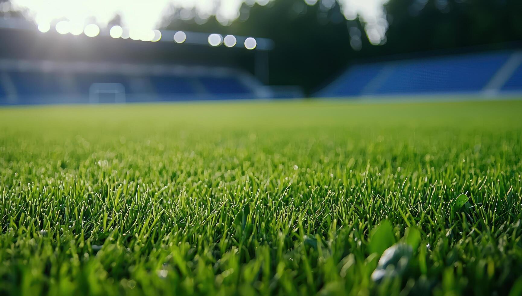 Lush soccer field bathed in sun, stadium seating visible for use in sports images photo