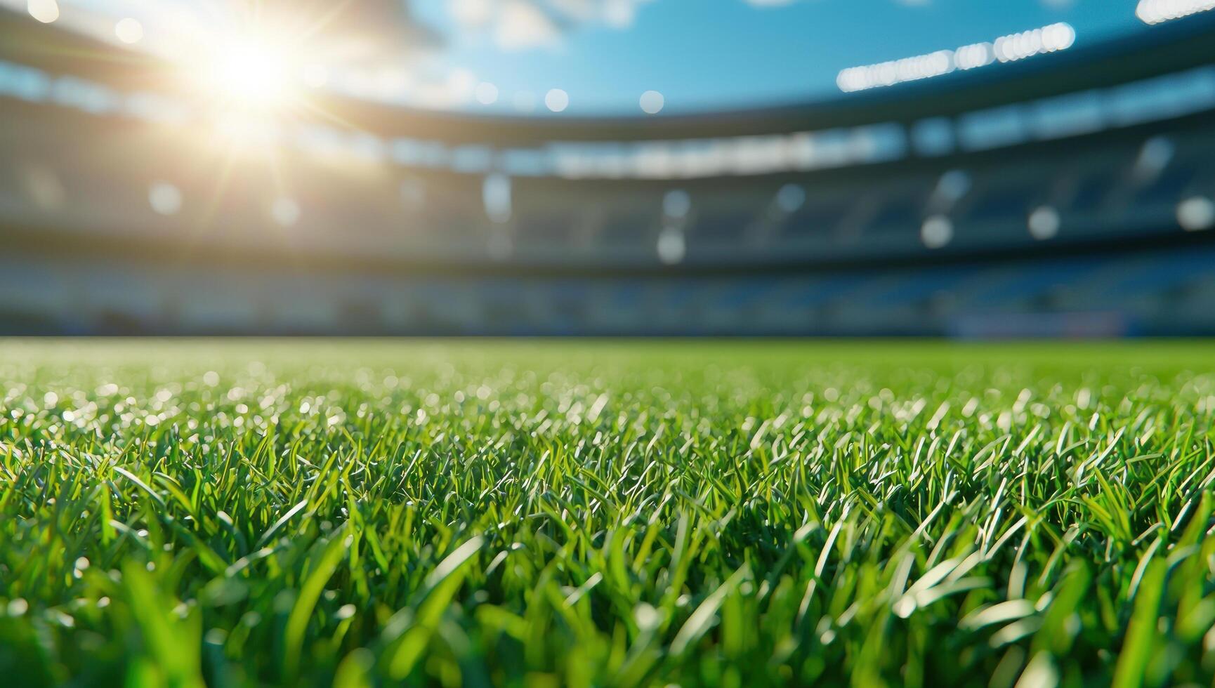 Sunny day at stadium, grass field in focus, empty seats for sports event use photo