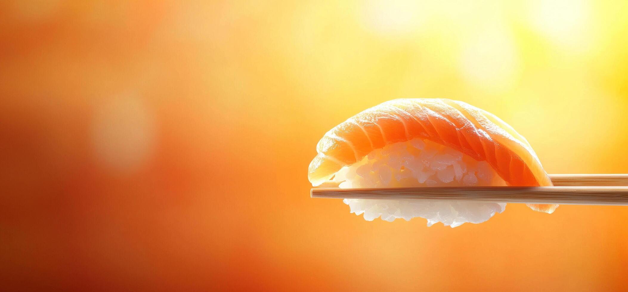 Salmon nigiri held by chopsticks on bright bokeh backdrop for restaurant menu photo