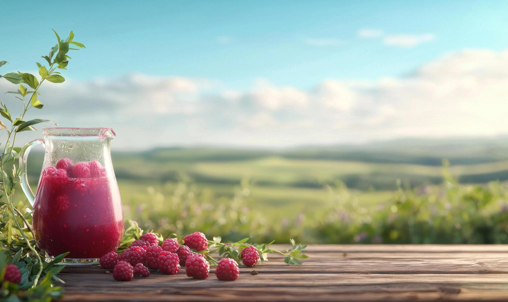 Raspberry juice on table, blurred field backdrop, refreshing summer drink ads photo