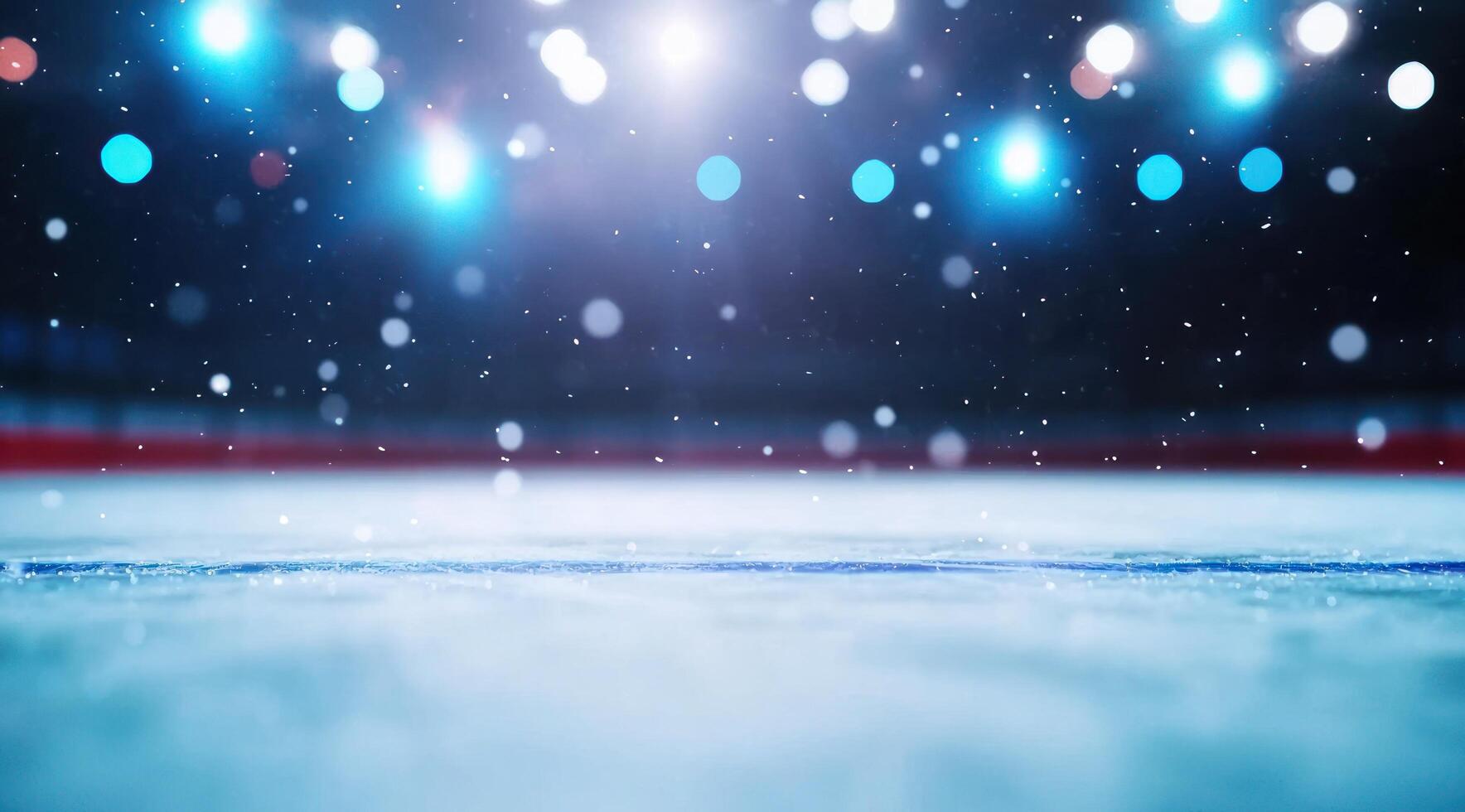 Hockey rink with ice, lights, and snow. Sports game or performance venue photo