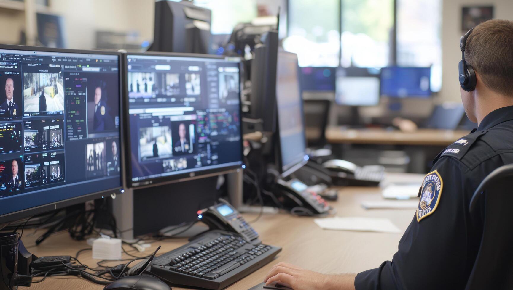 Officer Monitors Security Footage in Busy Control Room for Emergency Response photo