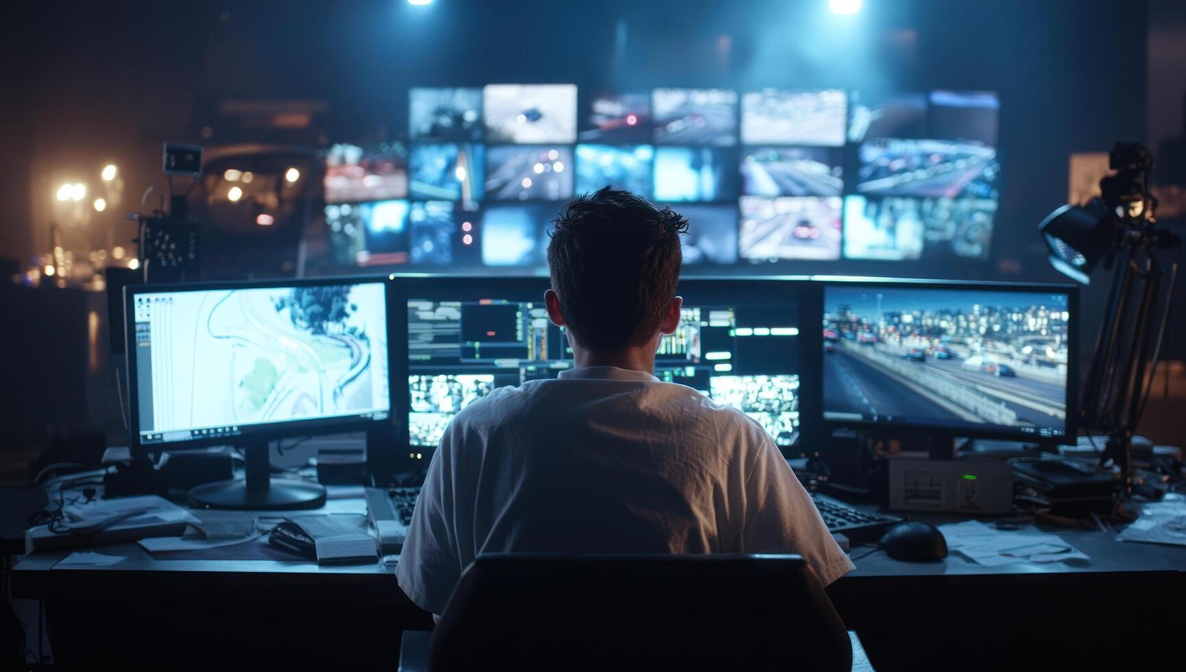 Operator monitoring traffic on multiple screens for security. Surveillance photo