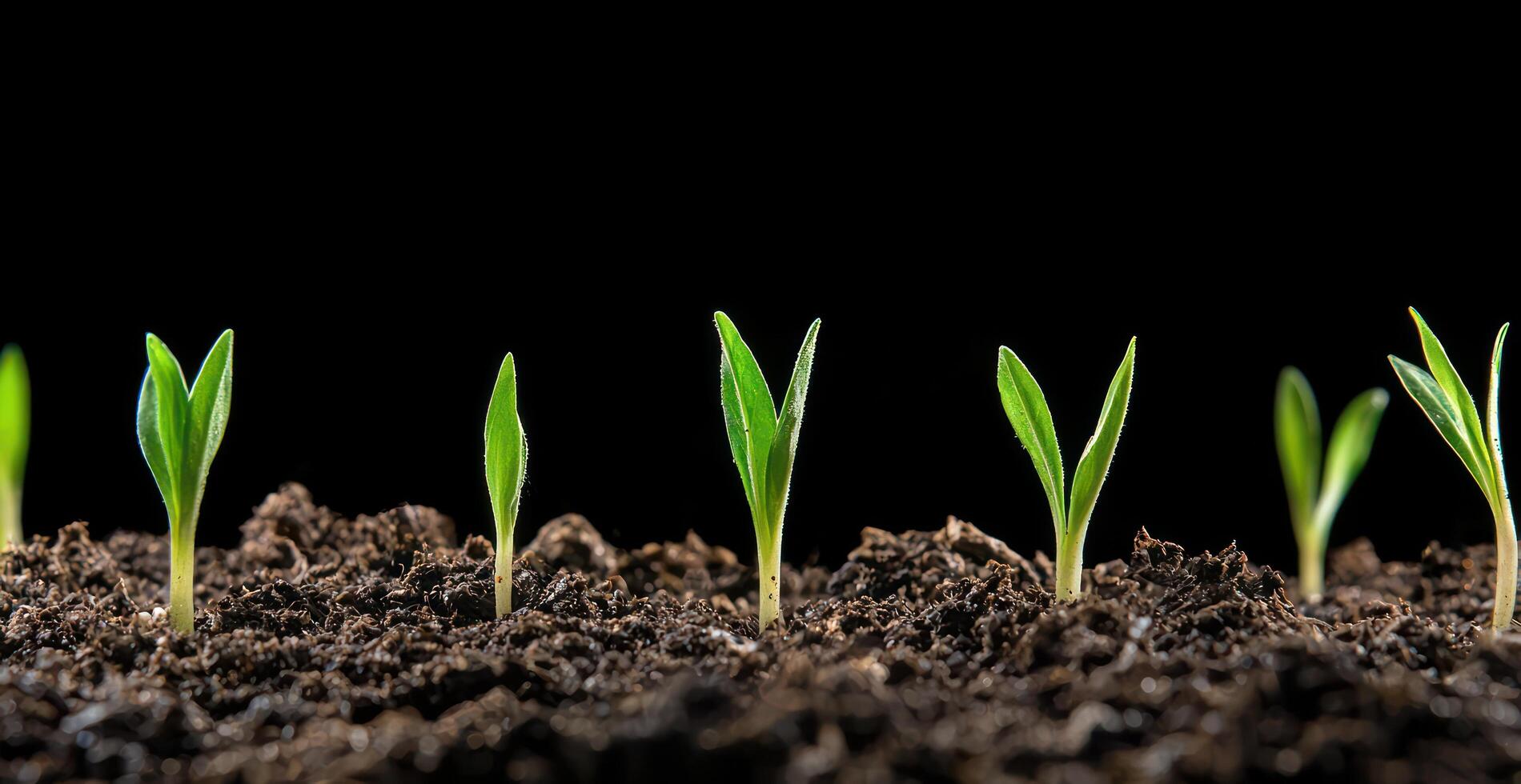 Saplings rise from soil, in rows, growth of life cycle, with black background photo