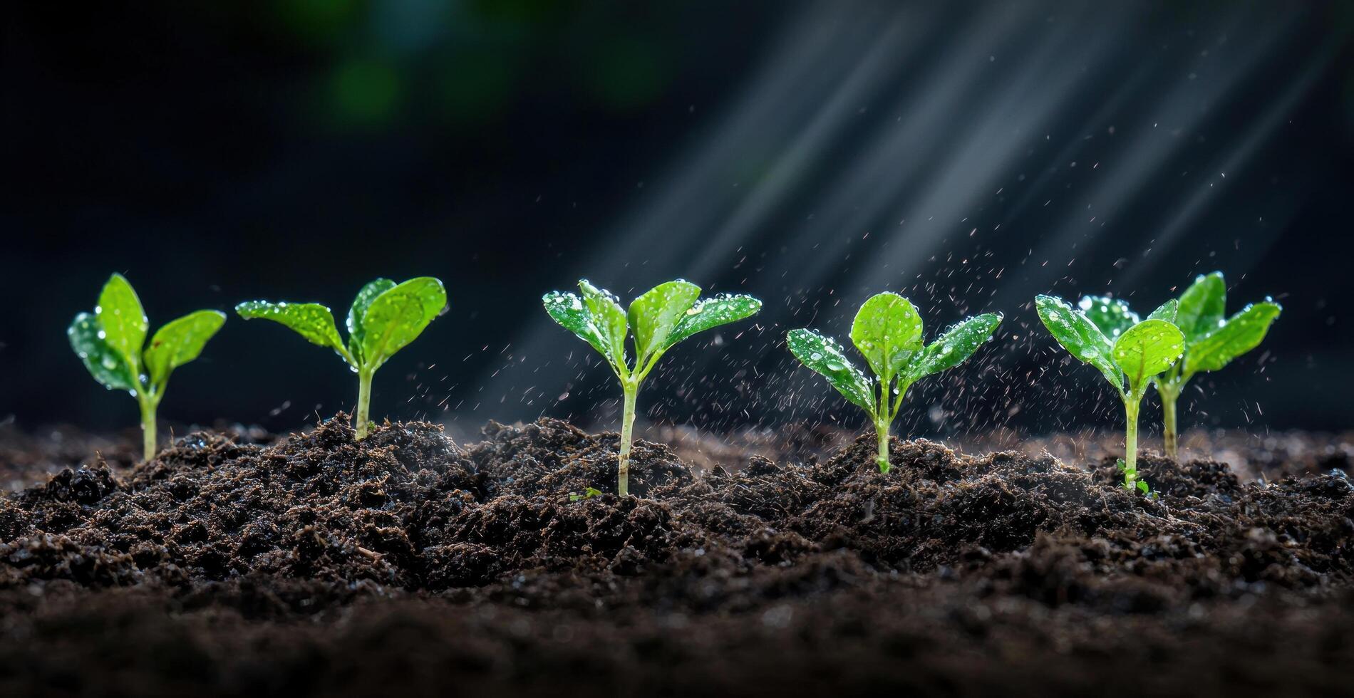 Saplings sprouting sequentially in soil. The background is soft and natural photo