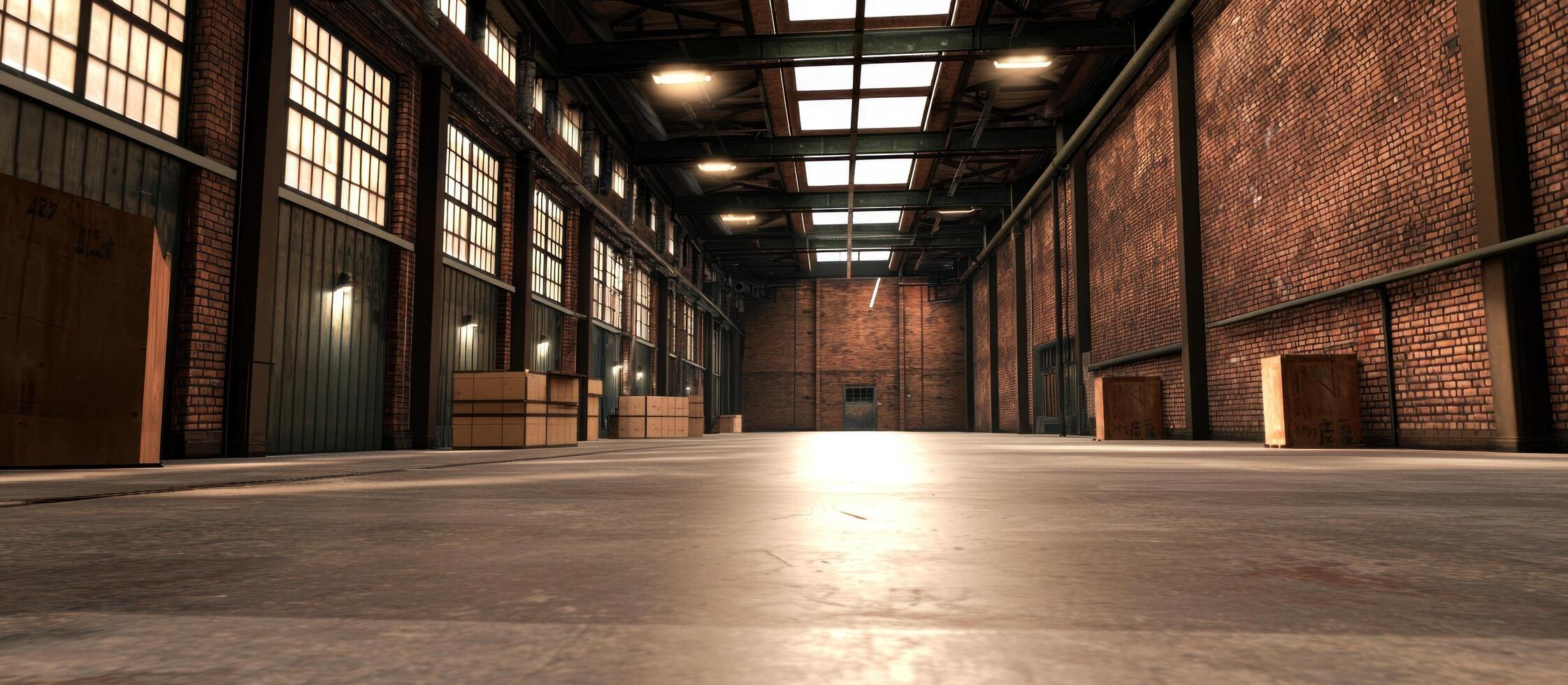 Spacious warehouse interior with crates and sunlight, for storage and logistics photo
