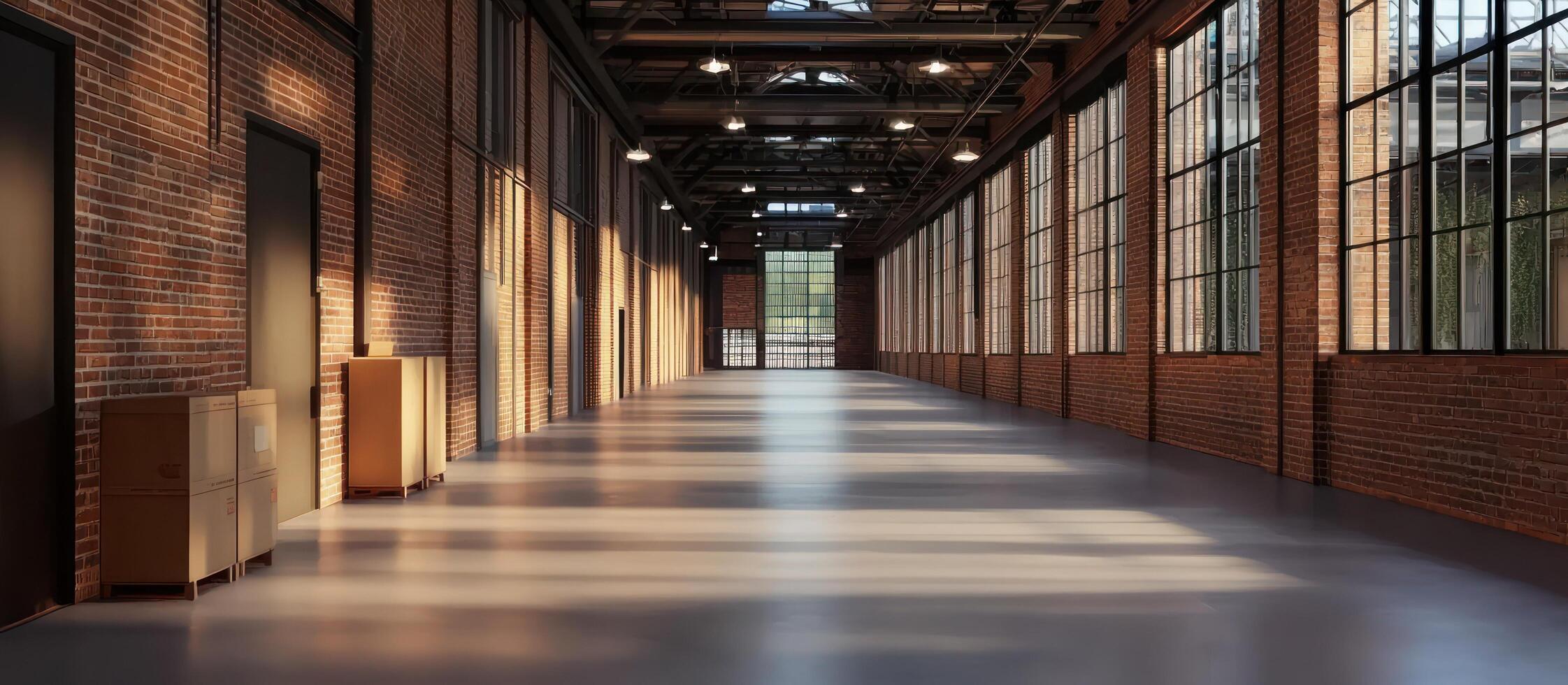 Empty warehouse interior. Brick walls, big windows, sunlight, boxes. Storage photo