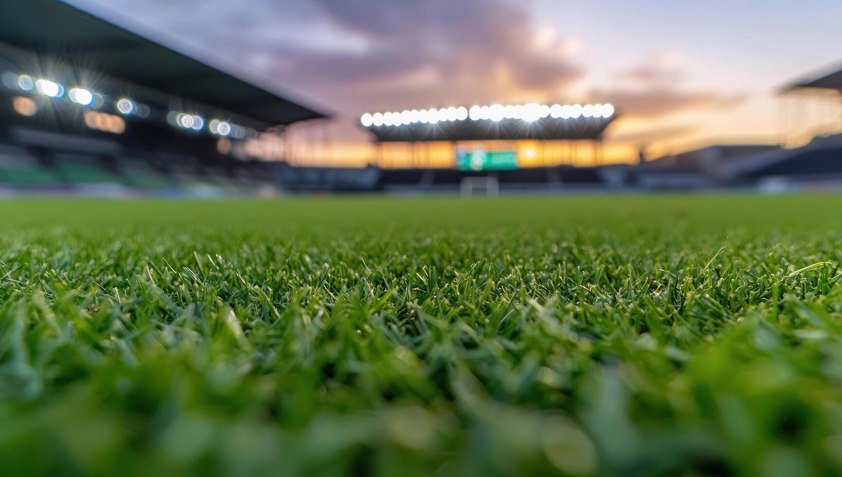 Soccer stadium at dusk, empty stadium and green field. For sport, recreation photo