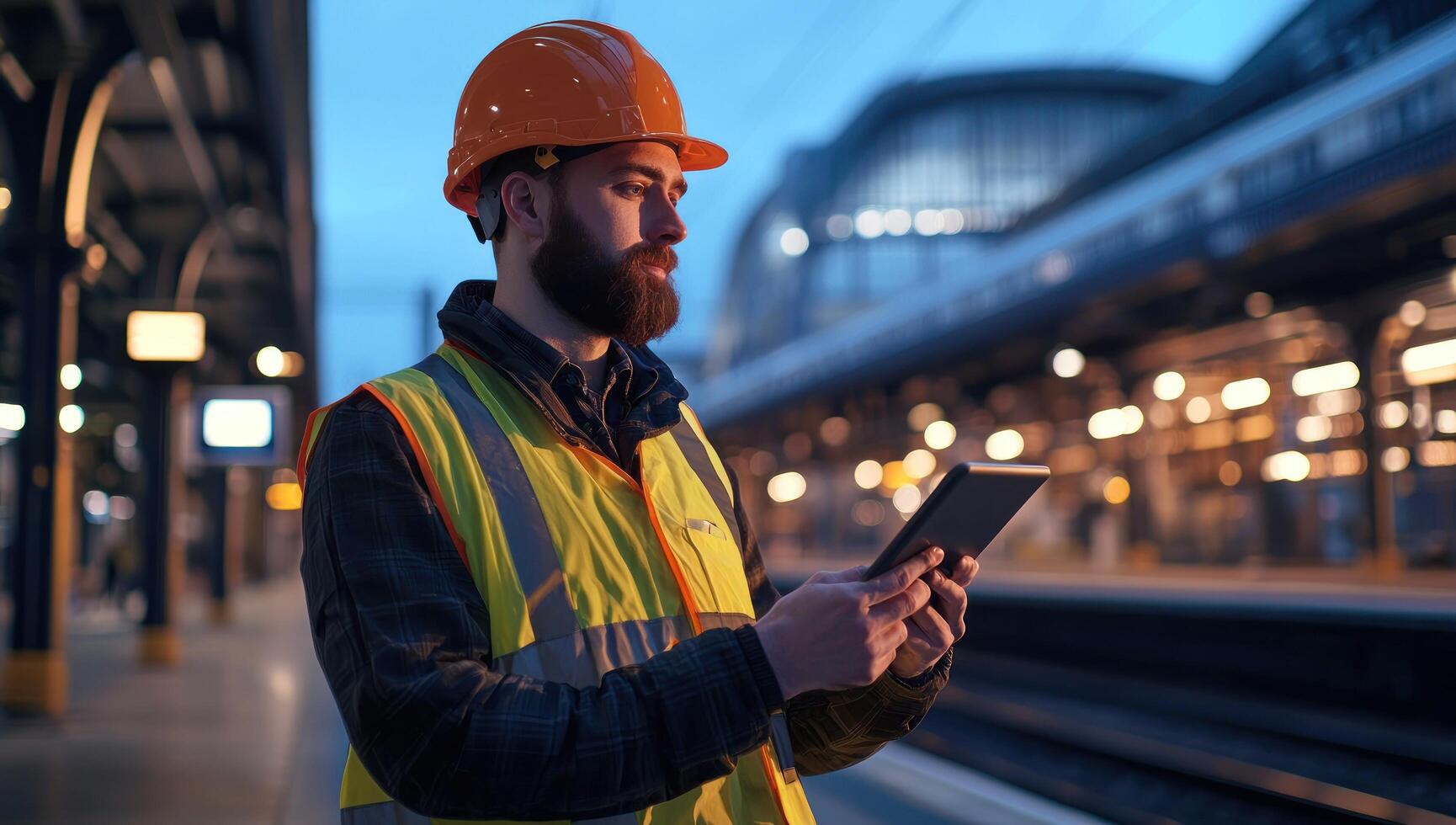 Engineer with tablet on station tracks using technology for construction work photo