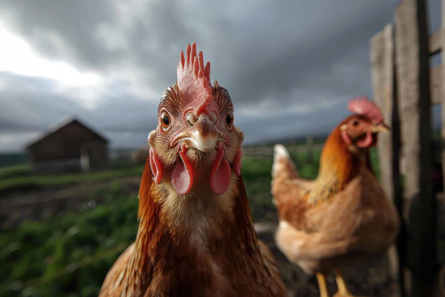 Curious chickens on a farm under a cloudy sky photo