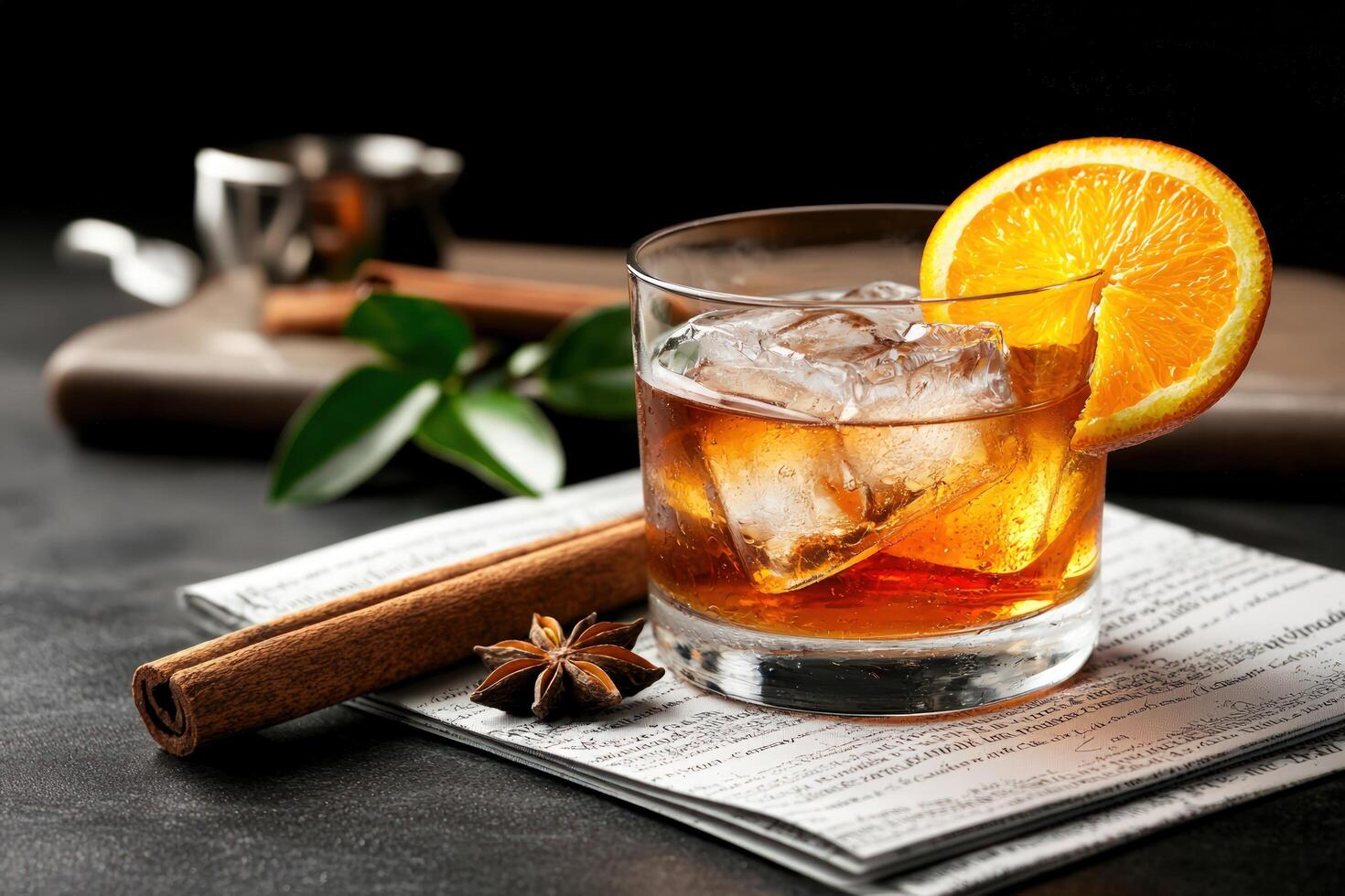 Iced cocktail with orange slice, cinnamon, and star anise on dark background photo
