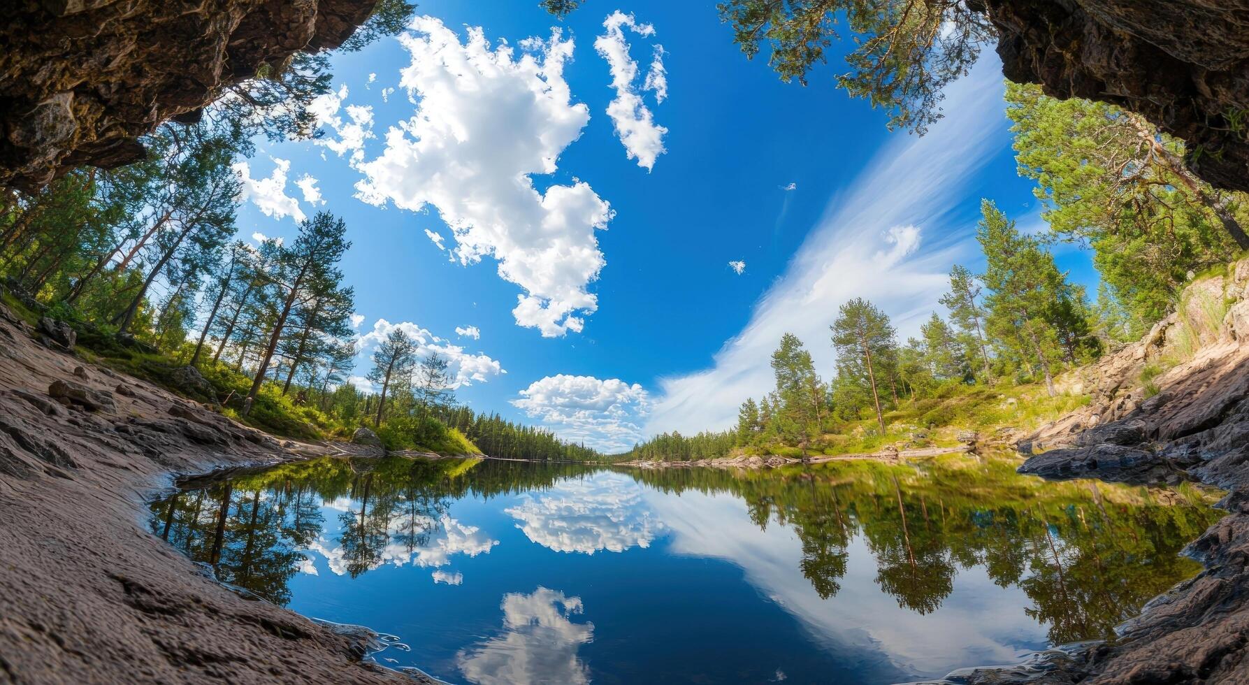 Lake view from cave with forest and blue sky reflection photo