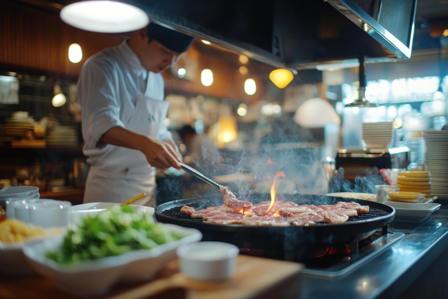 Chef Grilling Meat in Restaurant Kitchen Buffet photo