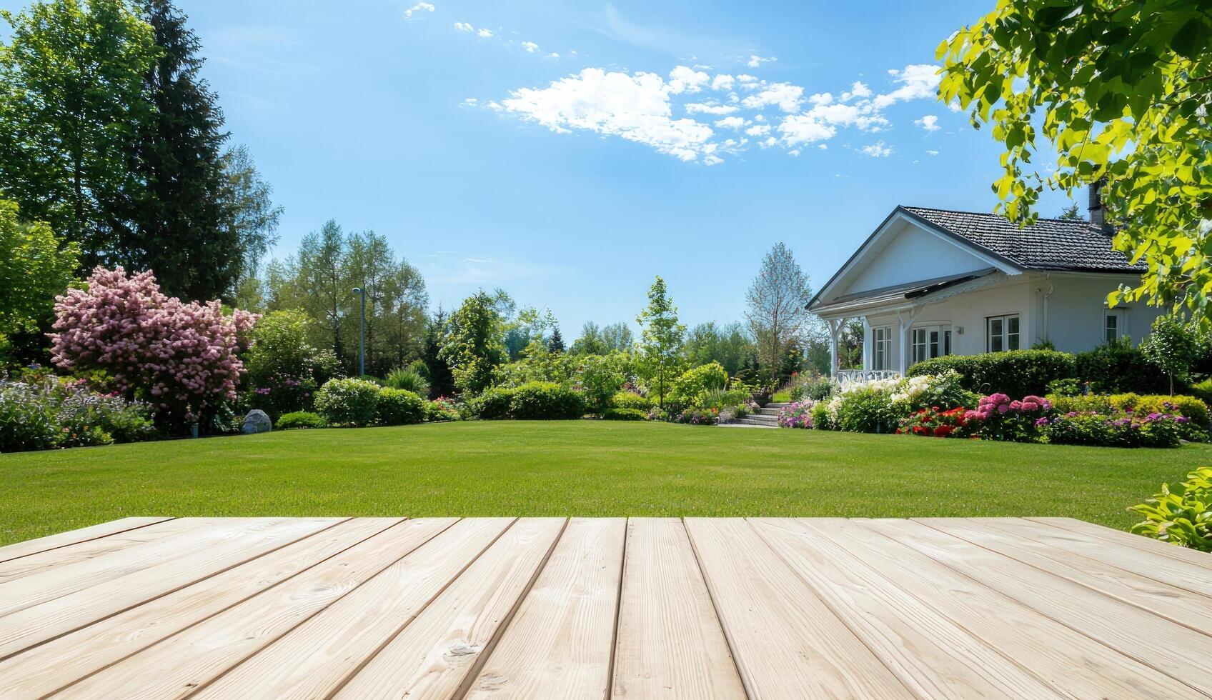 Wooden table in a blooming garden with a house, ideal for product placement photo