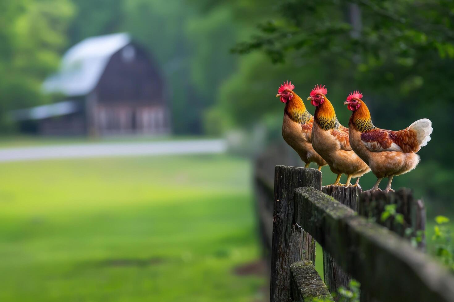 Roosters on fence post, farm in background, rural scene, livestock image photo